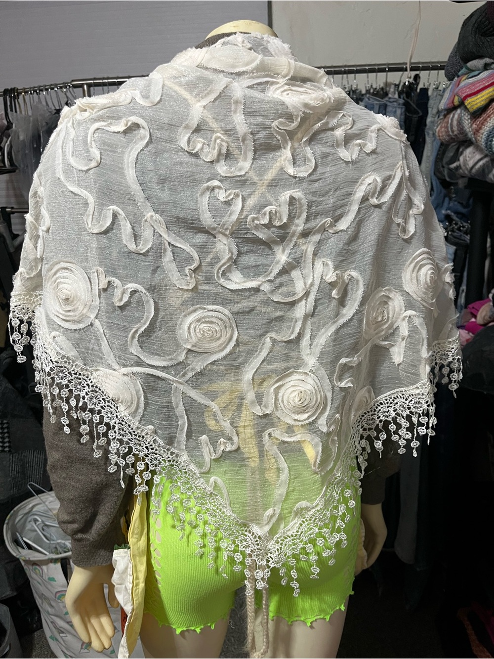 Beautiful Sheer Ivory Embroidered Shawl Scarf Wrap Triangle with Lace Fringe